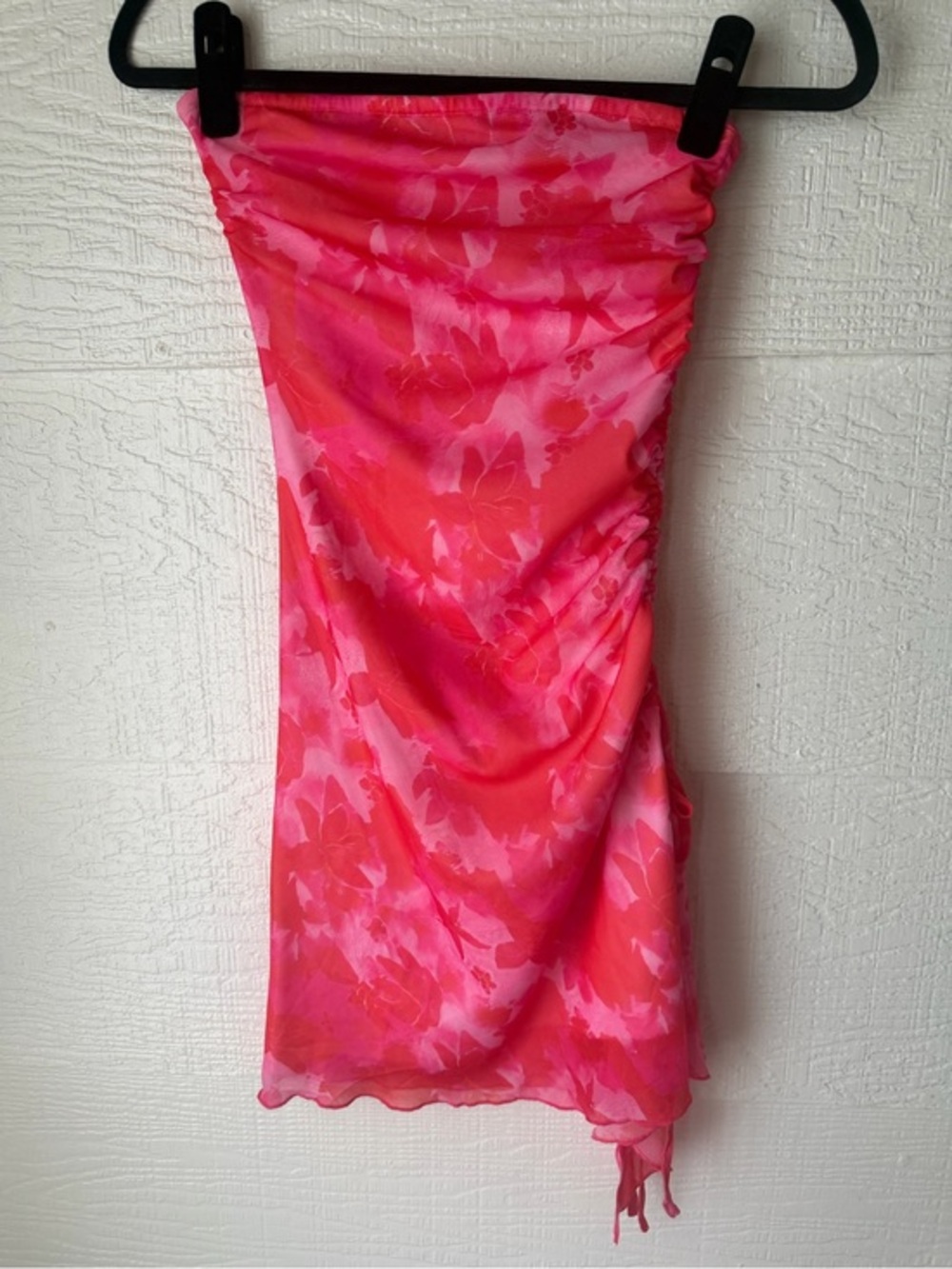 Pink Floral Strapless Mesh Ruched Mini Dress Small Adjustable Side Drawstring